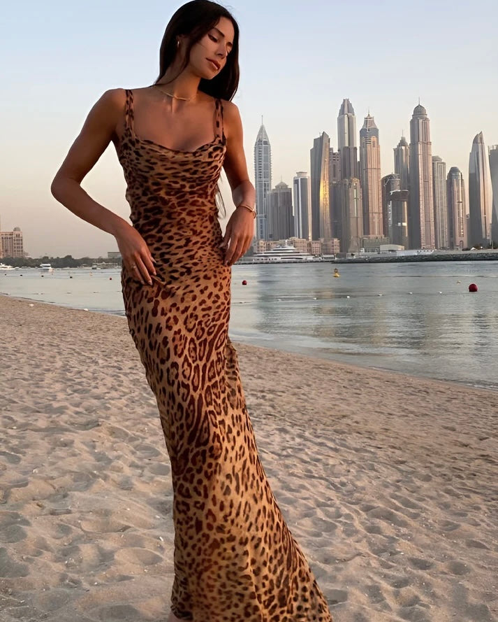 Dames maxi-jurk met luipaardprint en spaghettibandjes – licht en stretch
