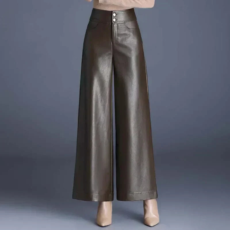 Ariane Wide-Leg Faux Leather Pants – Moderne Luxe met een Stijlvolle Twist