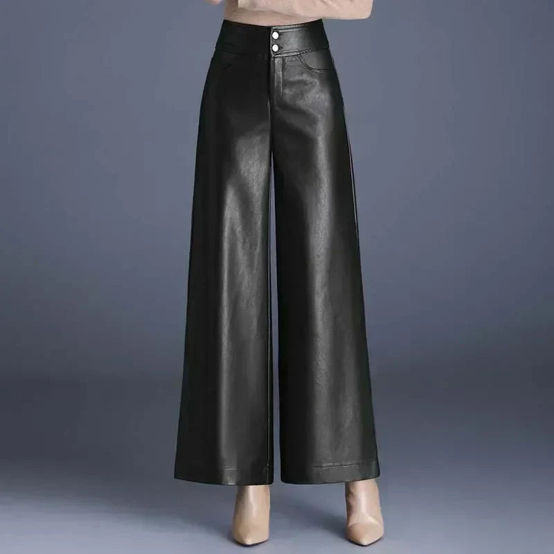 Ariane Wide-Leg Faux Leather Pants – Moderne Luxe met een Stijlvolle Twist