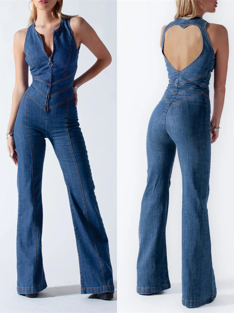 Soraya – Denim dames jumpsuit met open rug en hartvormig detail