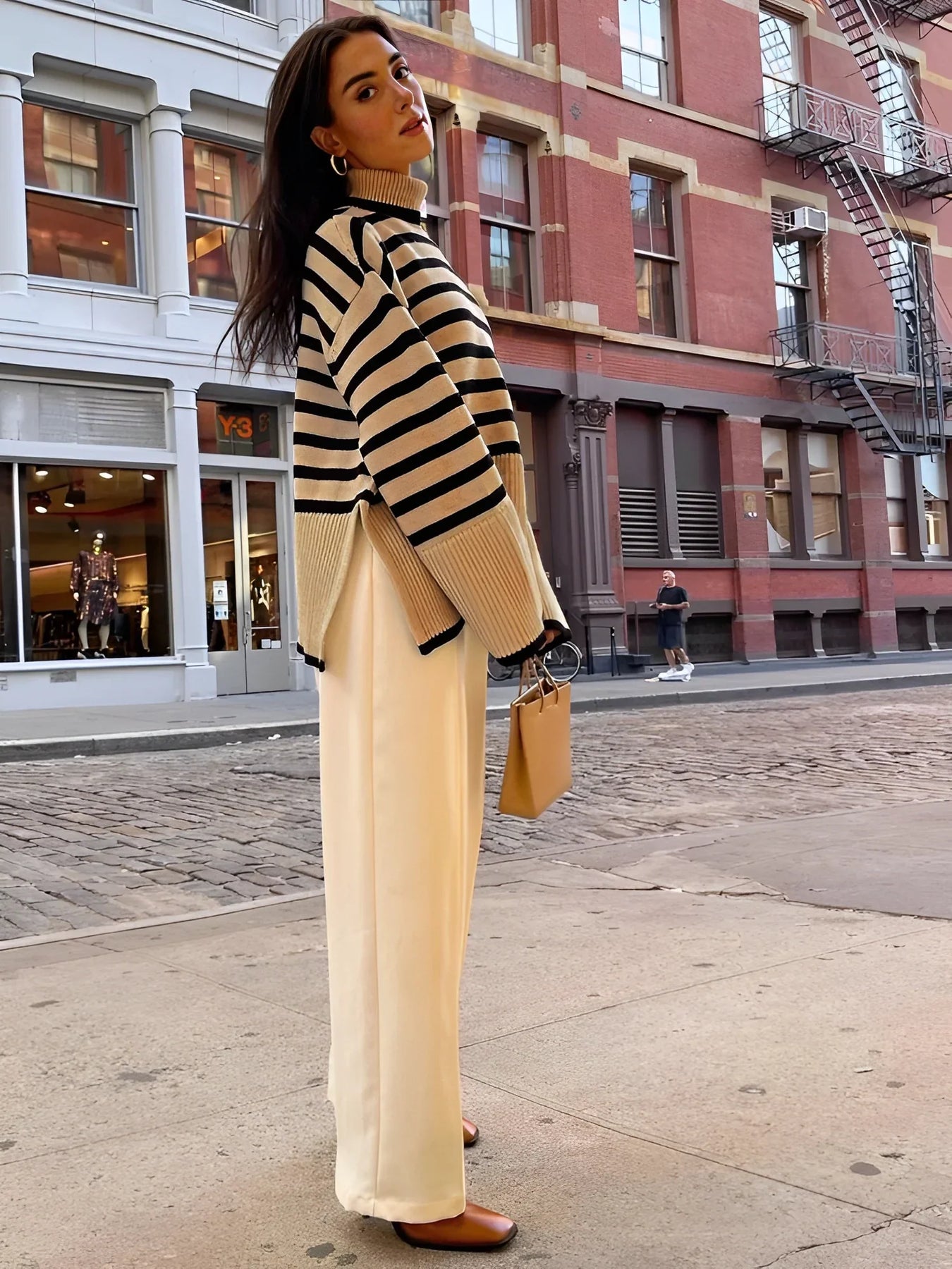 Soléna Oversized Turtleneck – katoenen damescoltrui met gestreept patroon en relaxte pasvorm