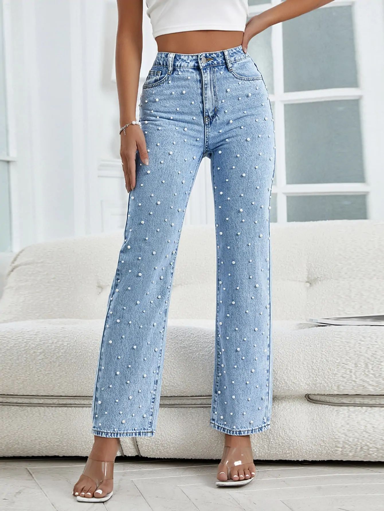 Dames Cropped Jeans met Kralen in Lichtblauw – Trendy en Speels