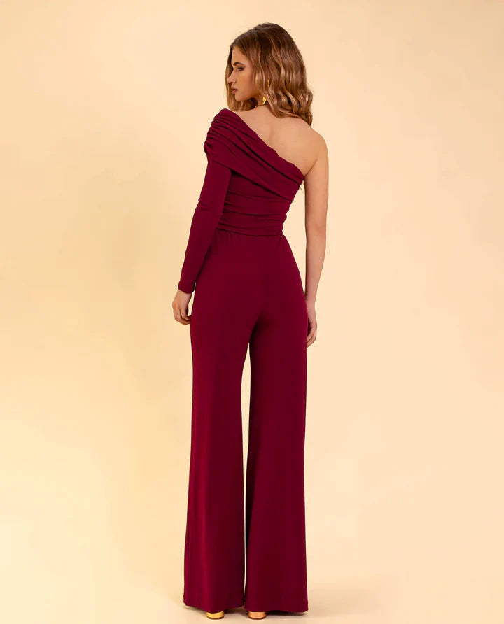 Bordeauxrode Jumpsuit Dames met Eén Schouder – Elegant & Feestelijk