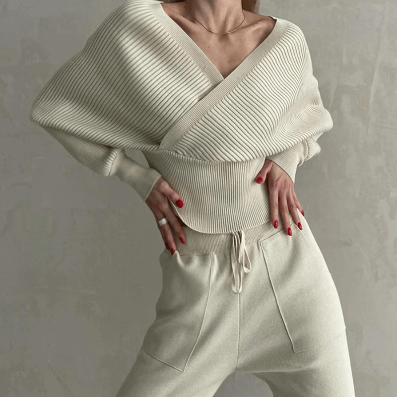 Sylvara Gebreide Tweedelige Set – Dames Trui en Broek voor Comfort & Stijl