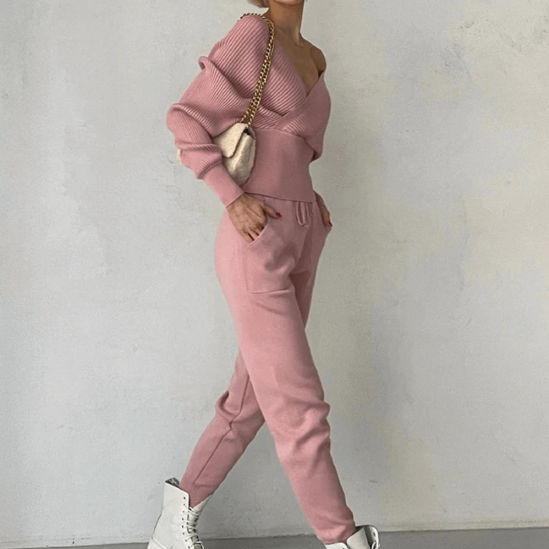 Sylvara Gebreide Tweedelige Set – Dames Trui en Broek voor Comfort & Stijl