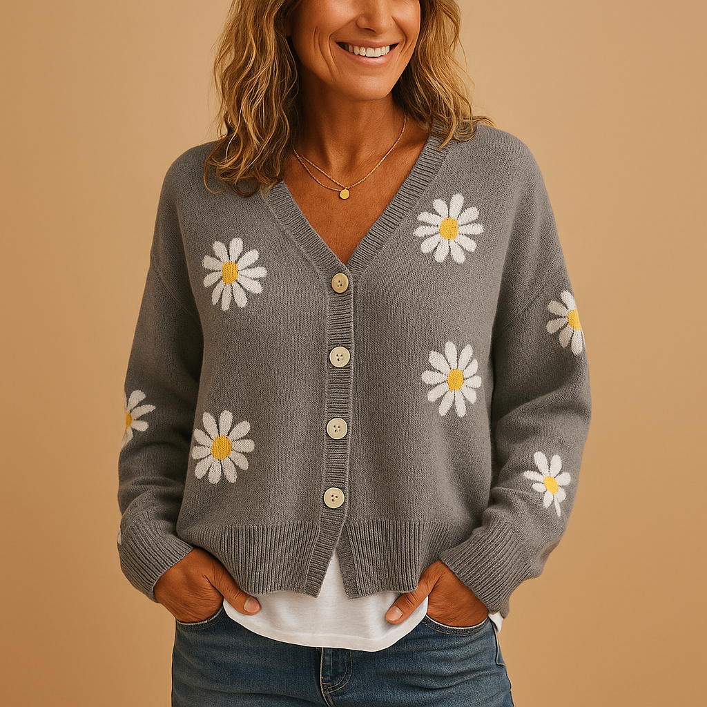 Odette – Gebreid Damesvest met Bloemenpatroon en Tijdloze Elegant﻿ie