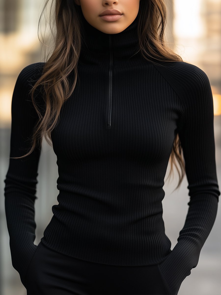 Nerisse Ribbed Turtleneck – zwarte coltrui met ritsdetail en elegante stretchpasvorm
